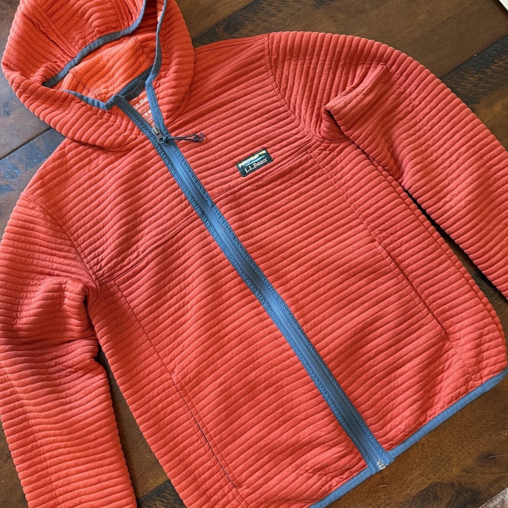 L.L. Bean Jacket Mens Small Orange Quilted Fleece Hooded Full Zip 507451